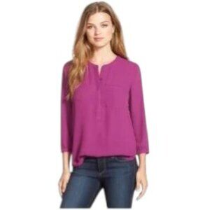 EUC NYDJ Hot Pink Henley Pintuck 1/2 Button Up Front Pocket Blouse